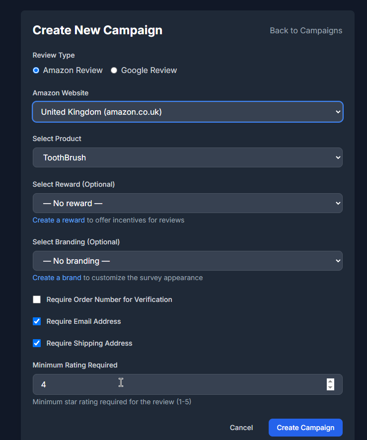 Example of campaign creation form